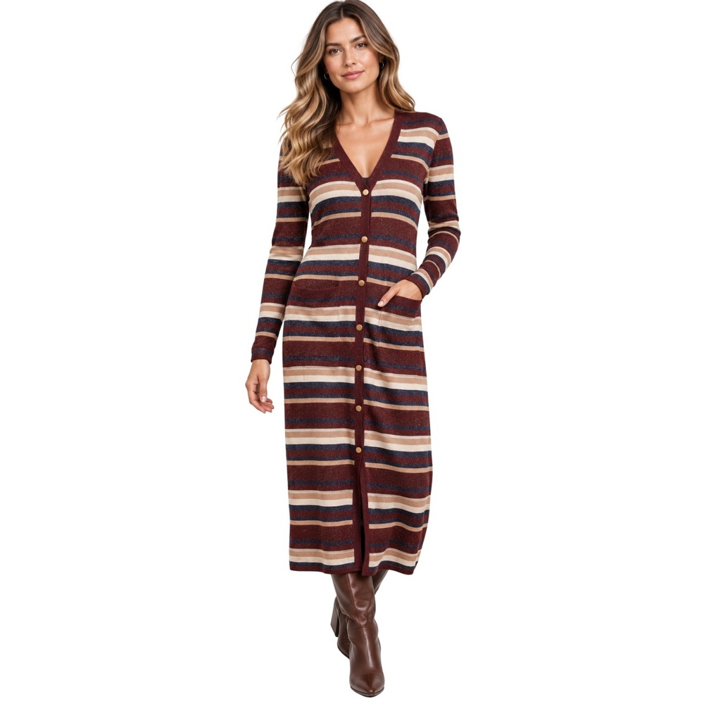 L'AGENCE Cardigan Duster Small Burgundy Navy Striped Metallic Maxi Preppy Fall